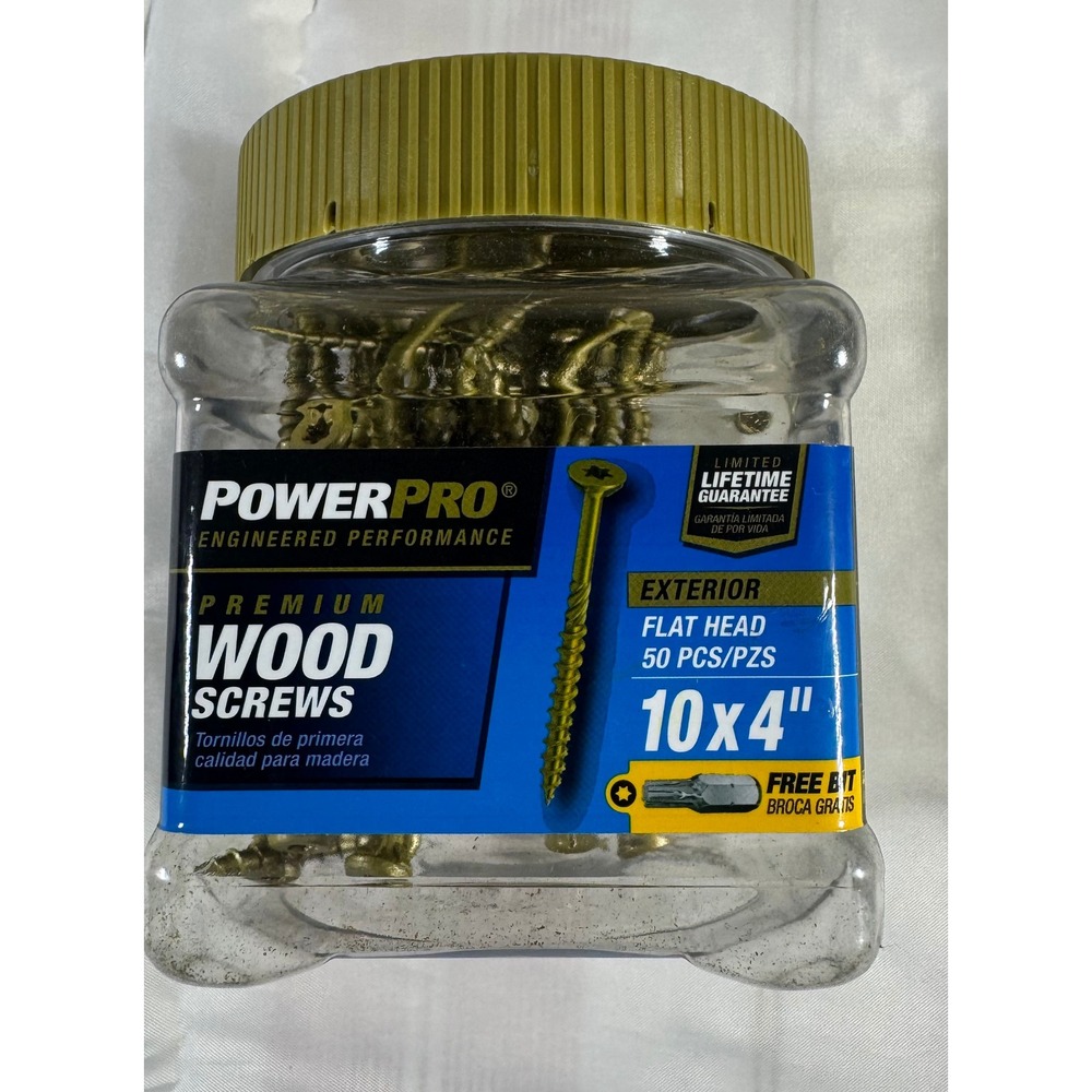 PowerPro Premium Wood Screws 10 x 4 Inch Exterior Flat Head 50 Count with Bit